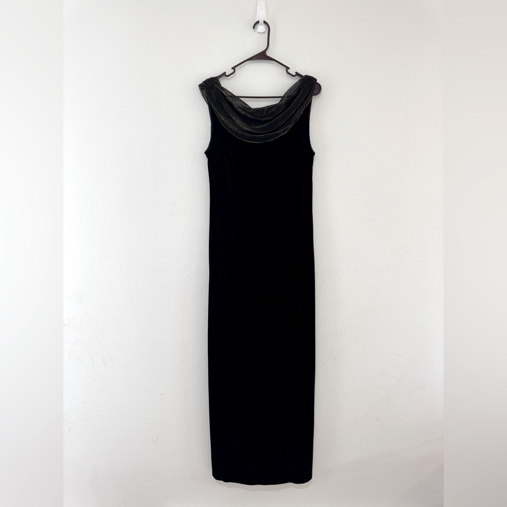 Vintage Joseph Ribkoff Couture Black‎ Velvet Gold Metallic Cowl Neck Maxi (606)